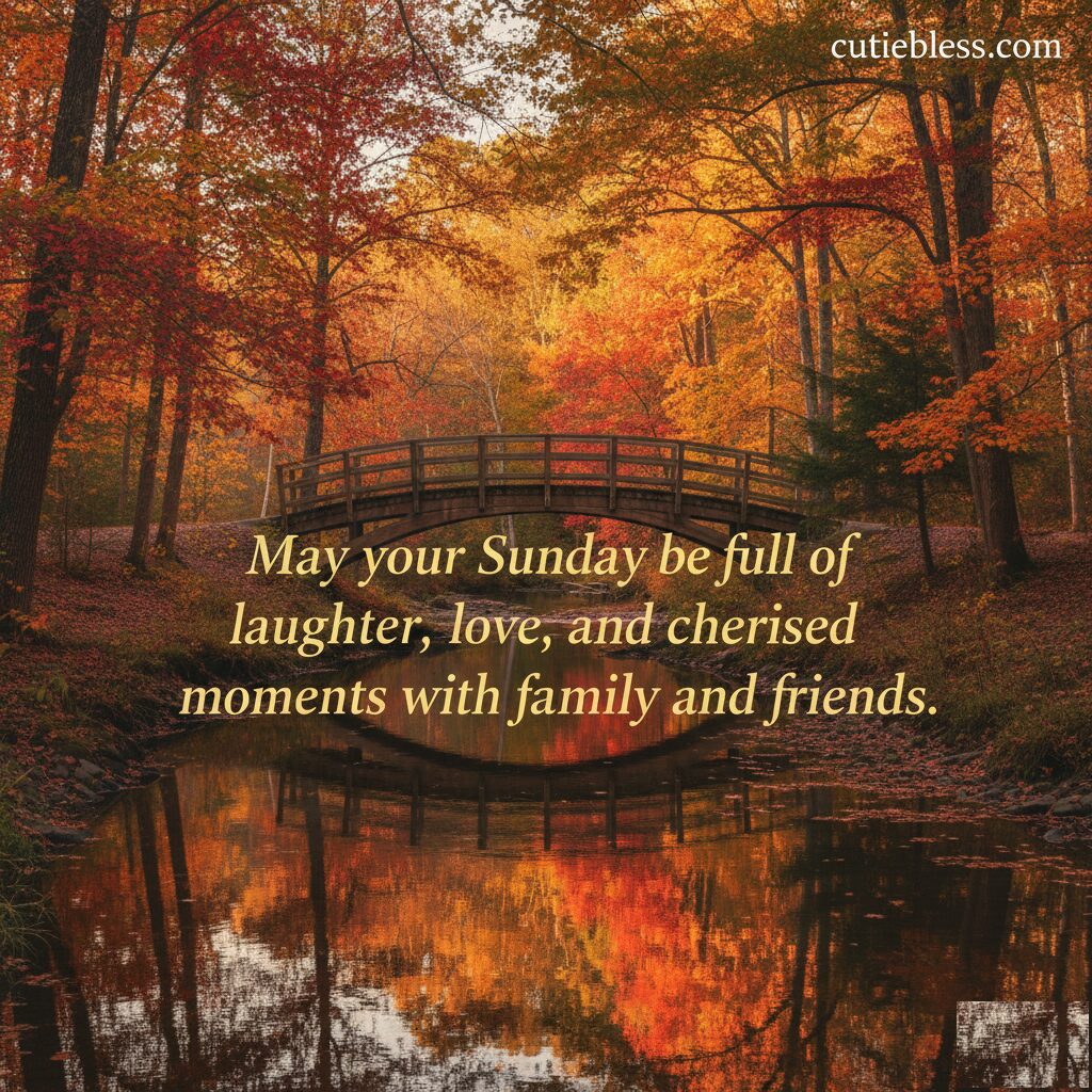 A wooden bridge over a small river surrounded by rich autumn foliage, featuring a Sunday quote about family and love.
