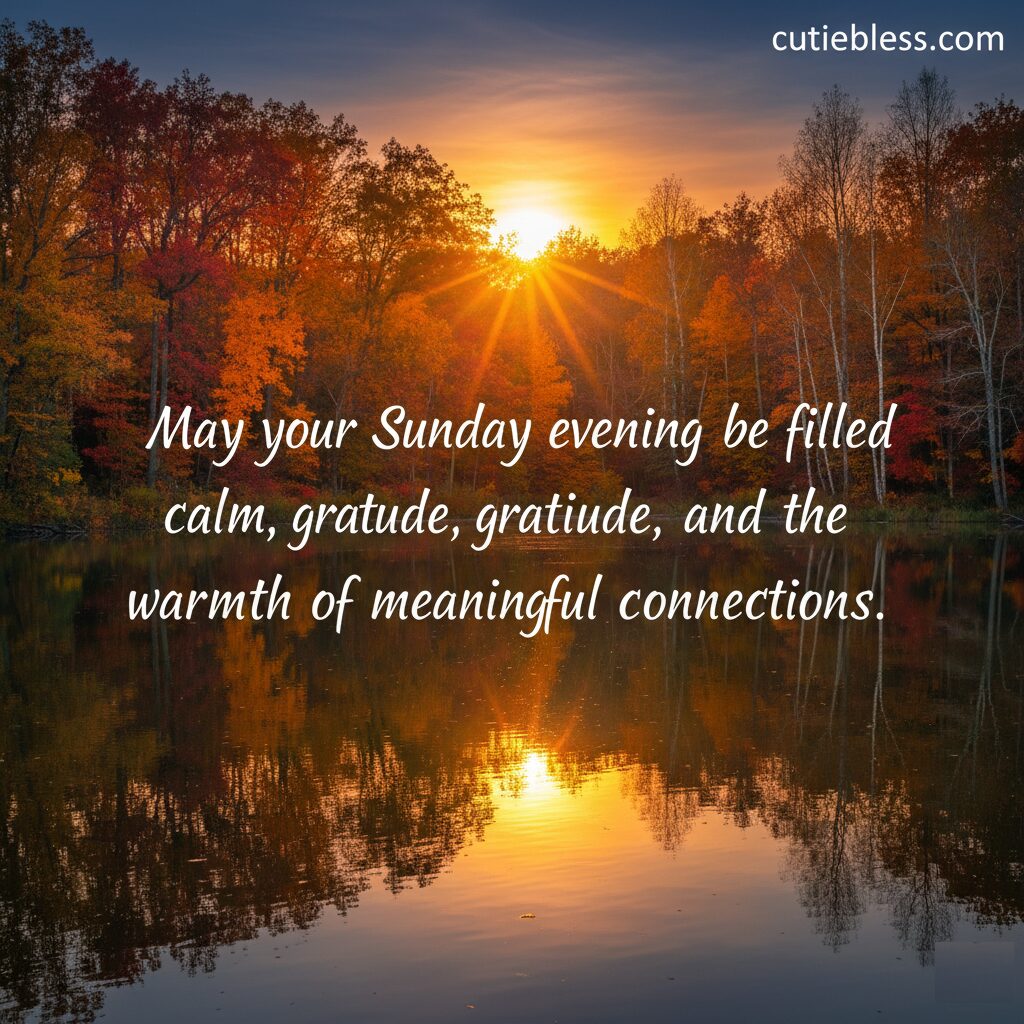 A glowing sunset over a calm lake surrounded by orange autumn trees, featuring a Sunday evening blessing quote.