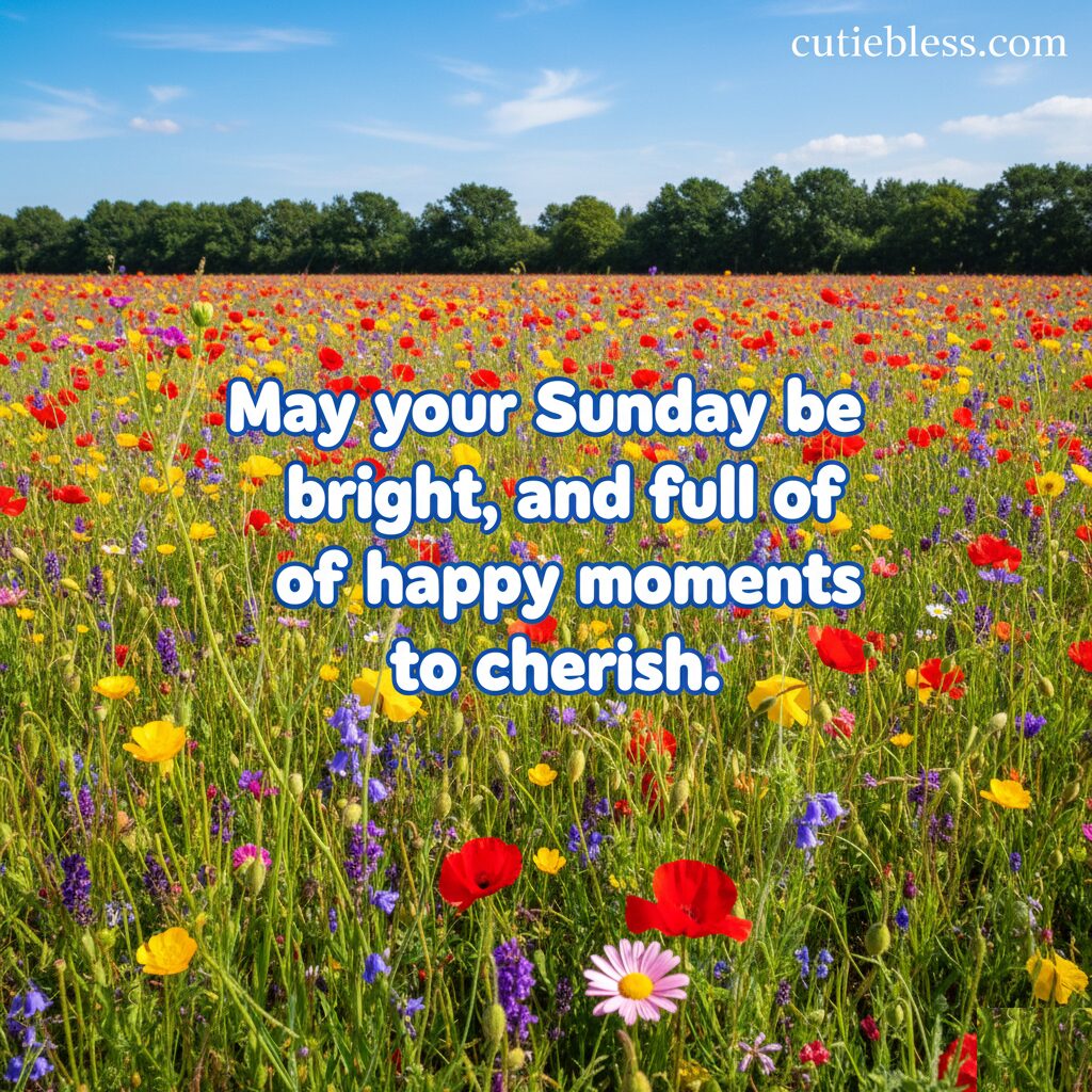 A bright, cheerful field of red, yellow, and purple wildflowers under a blue sky, featuring a joyful Sunday quote.