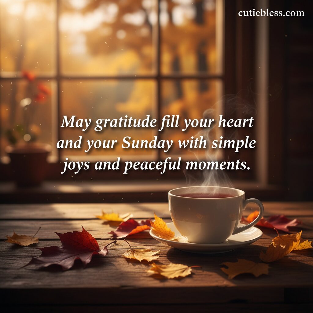 A steaming cup of tea on a rustic wooden table with autumn leaves, featuring a gratitude quote for Sunday morning.