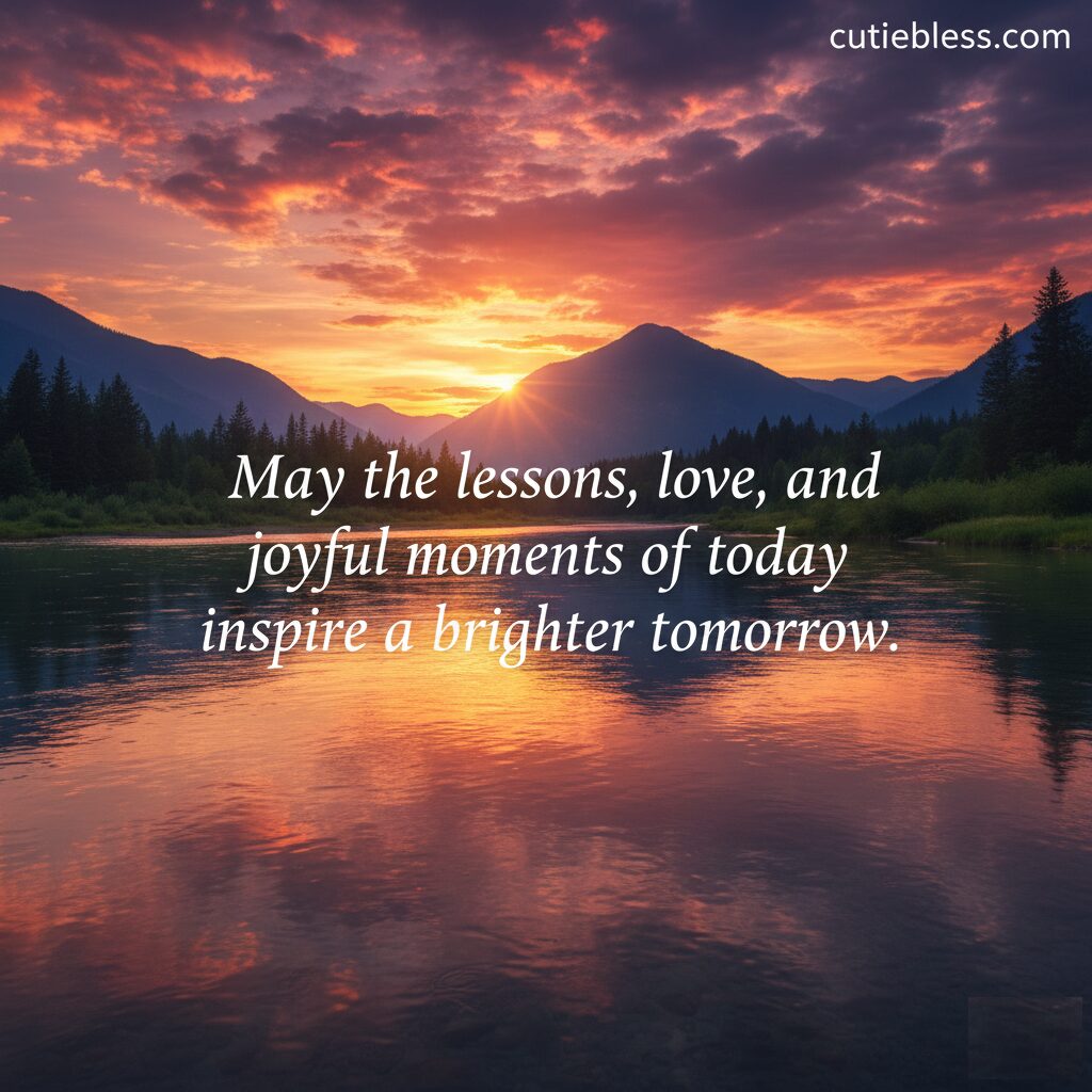 A vivid orange and purple sunset reflected in a mountain river, featuring an inspirational quote about a brighter tomorrow.