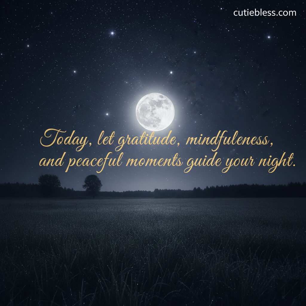 A serene night sky with a full moon and stars over a dark meadow, featuring a mindfulness and peace quote.