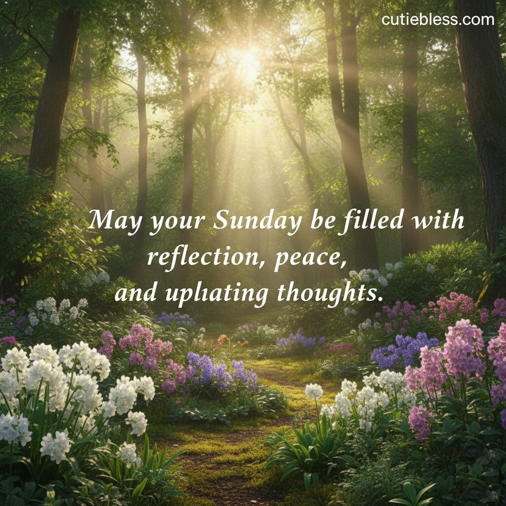 Soft sunlight streaming through tall trees onto a flower garden with mist, featuring a Sunday reflection and peace quote.
