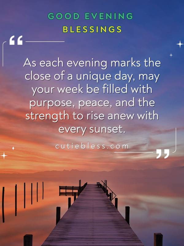 Powerful weekday-based good evening blessing about purpose, peace, and strength with sunset background