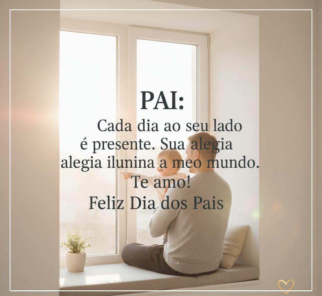 Pai abraçado com o filho pequeno olhando pela janela ensolarada com a frase: