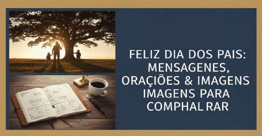 Banner principal com o título "Feliz Dia dos Pais: Mensagens, Orações e Imagens" ao lado de fotos de silhuetas de família e um diário aberto.