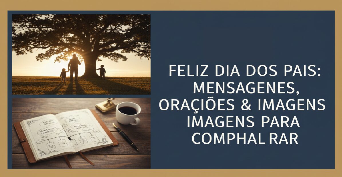 Banner principal com o título "Feliz Dia dos Pais: Mensagens, Orações e Imagens" ao lado de fotos de silhuetas de família e um diário aberto.