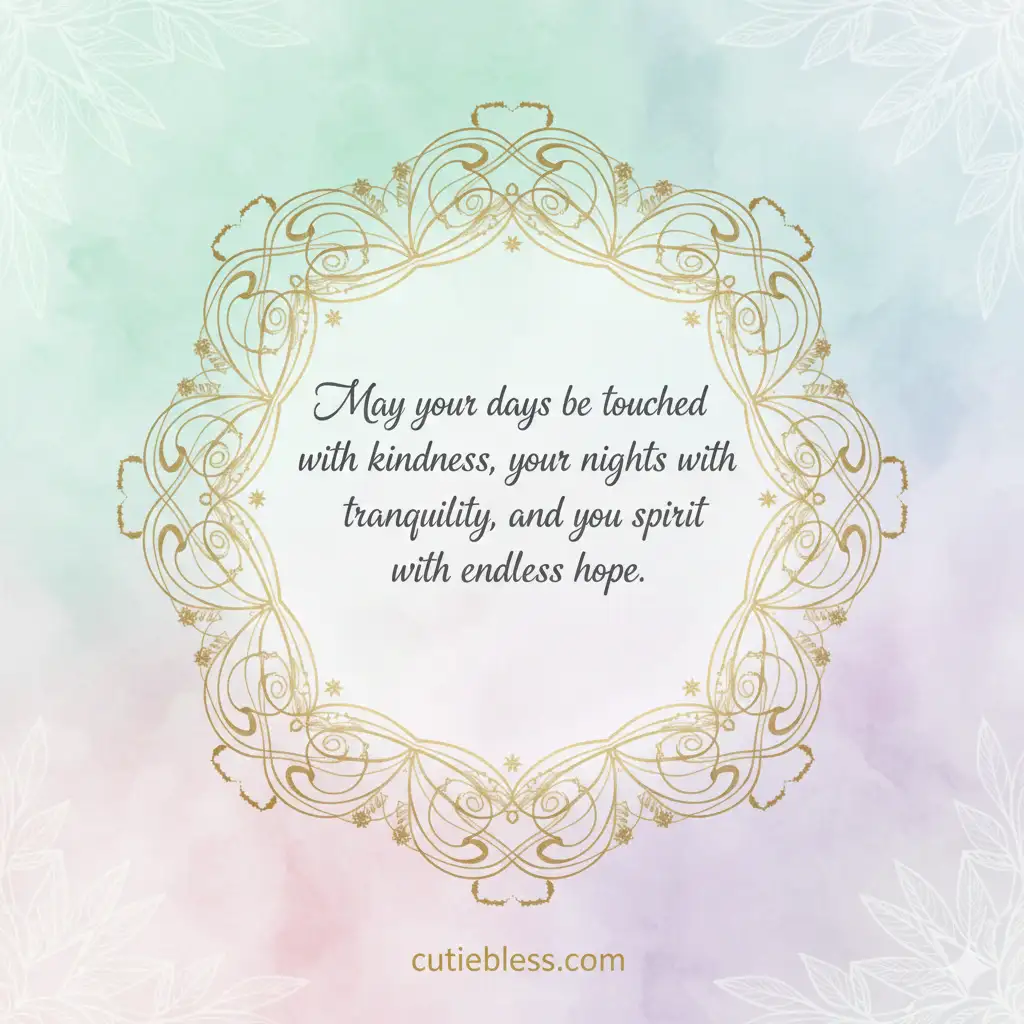 A peaceful, pastel-colored graphic with a decorative gold frame, containing a gentle inspirational blessing: