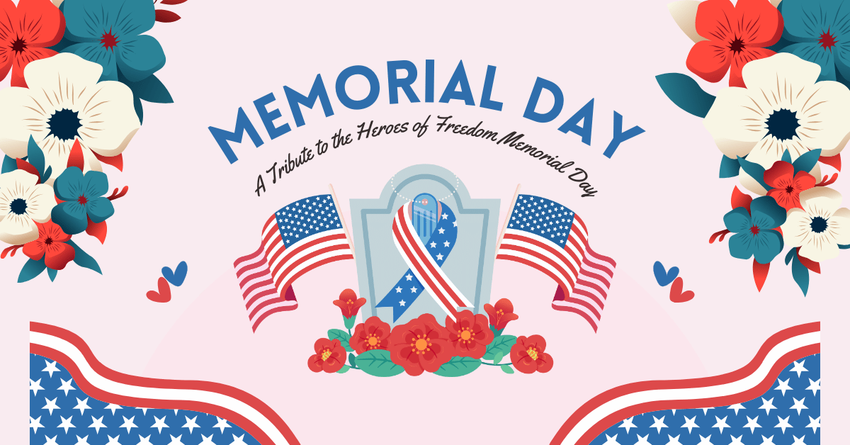 A stunning photo of a memorial monument, poppies, and the American flag at sunset, featuring a non-religious Memorial Day blessing: "May courage, sacrifice, and service always be remembered with dignity.