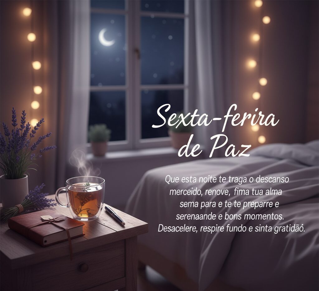 Imagem de um quarto aconchegante à luz da lua com chá quente, representando a paz e a gratidão da noite de sexta.