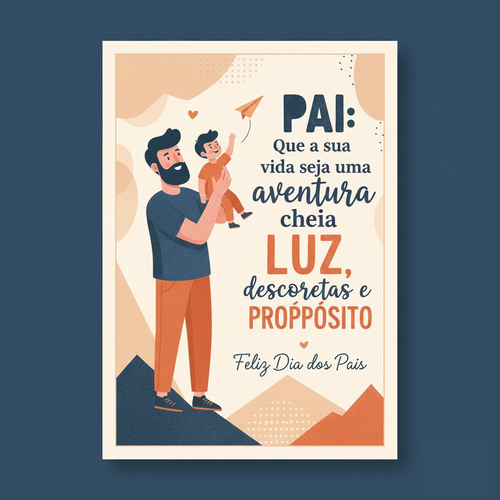 Arte minimalista com pai e filho observando um avião de papel, com palavras de destaque: