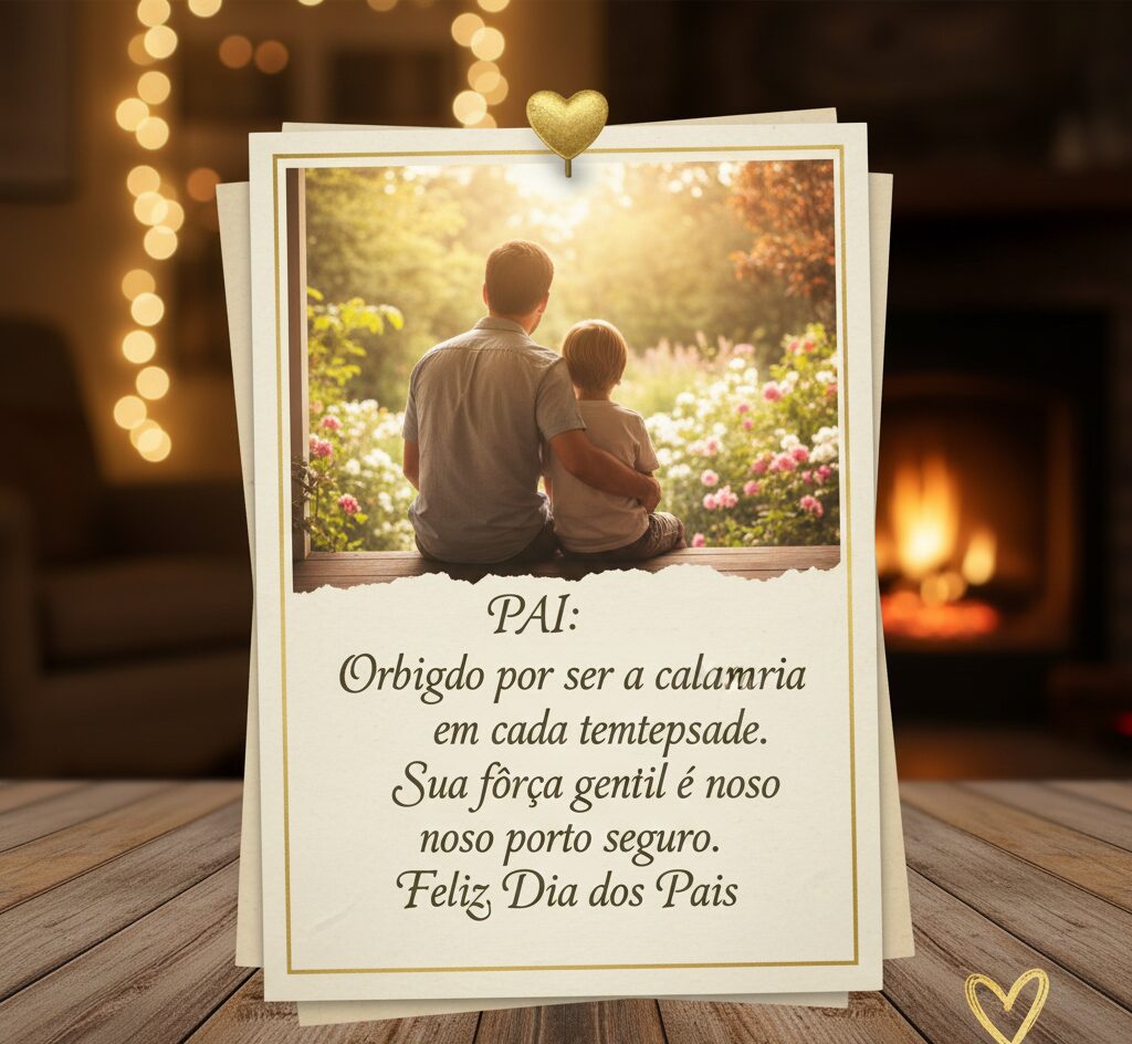 Foto em estilo polaroid de um pai abraçando o filho em uma varanda com luzes aconchegantes ao fundo.