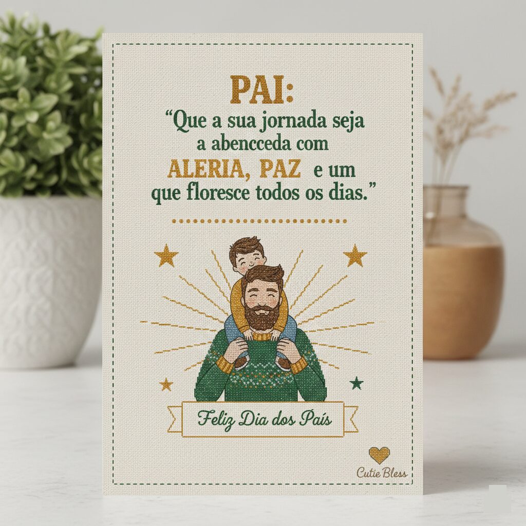 Design que simula um cartão de tecido bordado com pai e filho, desejando uma jornada abençoada com alegria e paz.