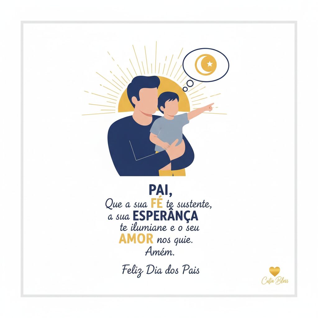 Ilustração minimalista de um pai abraçando o filho e apontando para o futuro com símbolos de fé, esperança e amor.