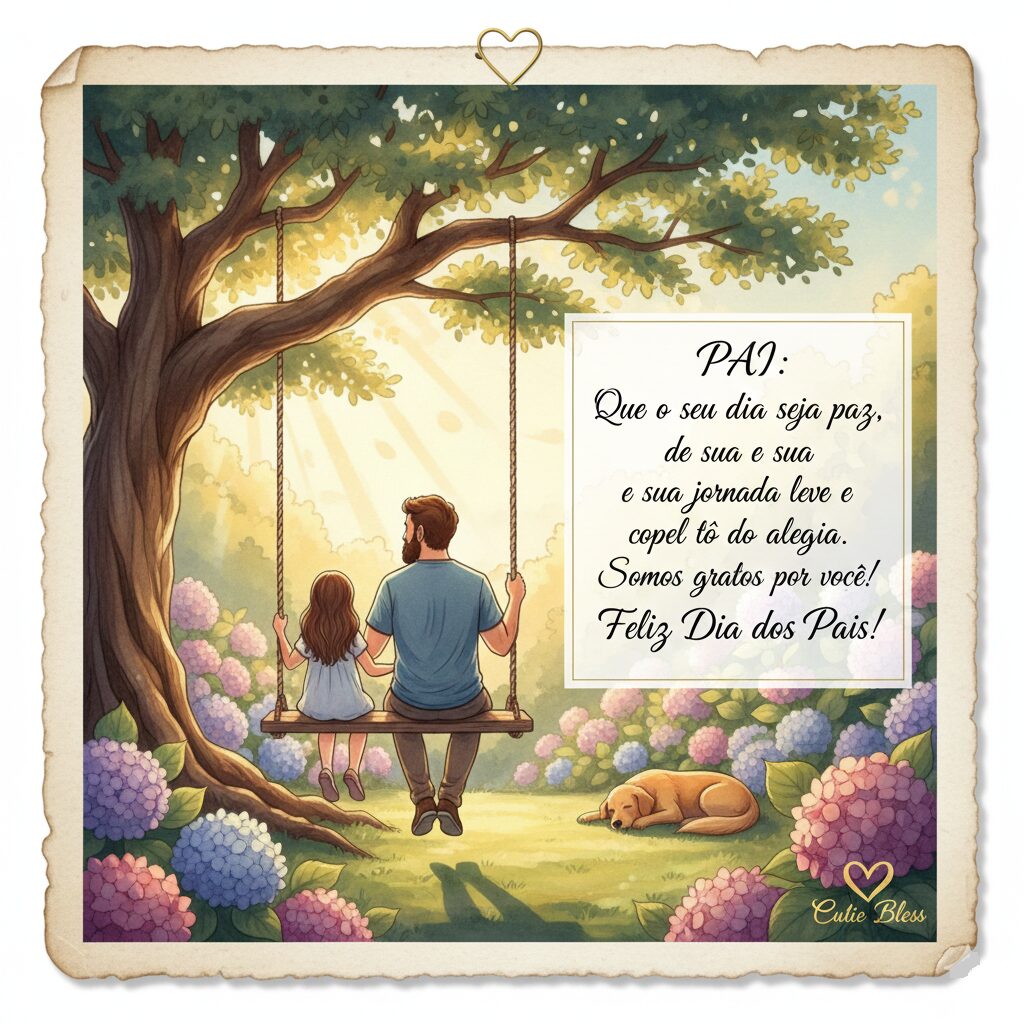 Ilustração delicada de um pai e uma menina sentados em um balanço em um jardim florido, com mensagem de gratidão pelo Dia dos Pais.