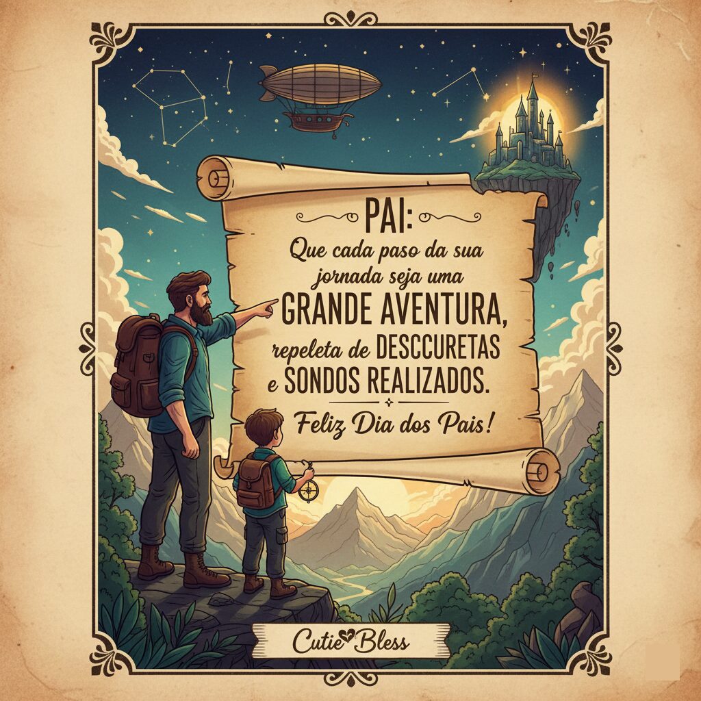 Ilustração fantástica de um pai e filho exploradores olhando para um castelo flutuante, com a frase 'Que cada passo da sua jornada seja uma grande aventura.'