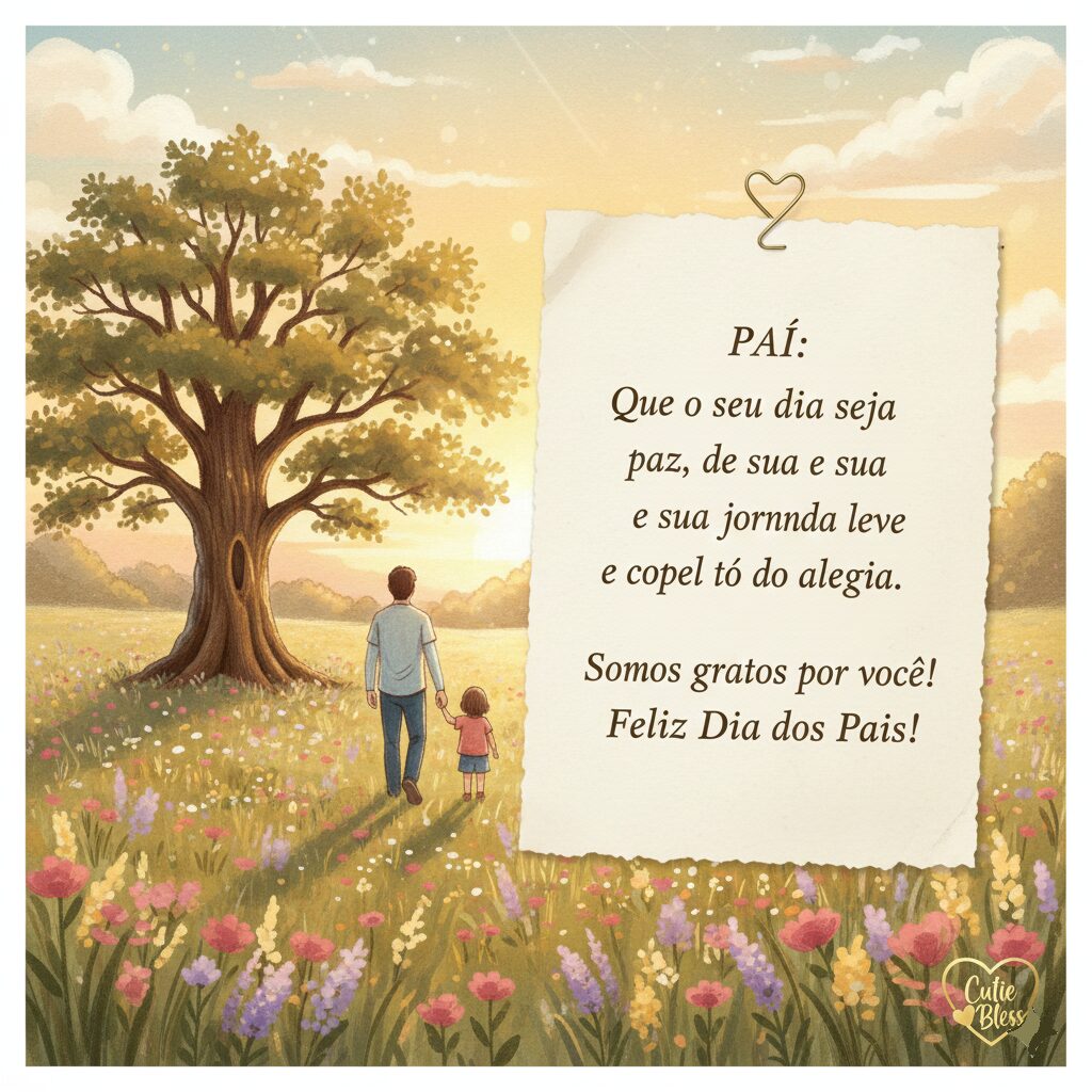 Pintura de um pai e filho caminhando em direção ao sol em um campo aberto sob uma grande árvore, com uma nota de 'Feliz Dia dos Pais'.