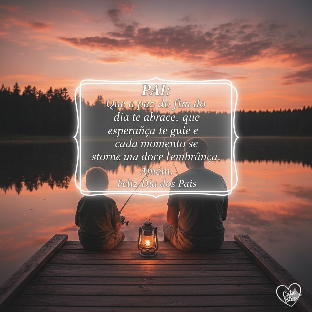 Imagem realista de pai e filho pescando em um deck de madeira durante um pôr do sol alaranjado, com uma prece sobre paz e doces lembranças.