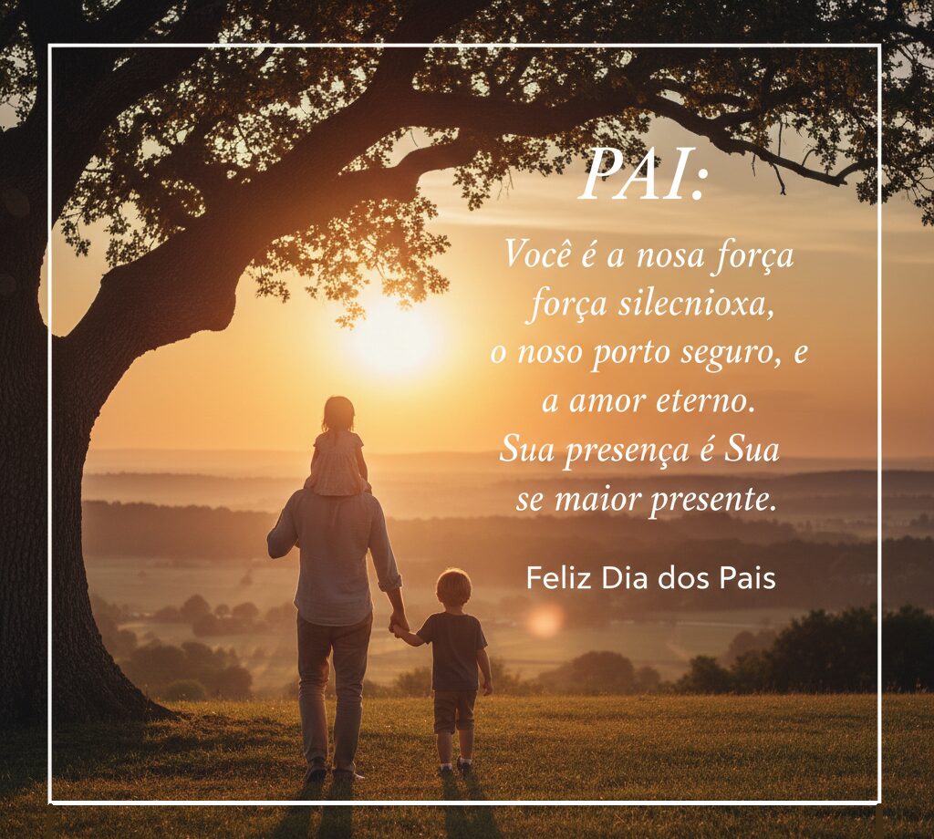 Pai e dois filhos caminhando em campo aberto sob uma grande árvore ao entardecer com mensagem sobre força silenciosa.