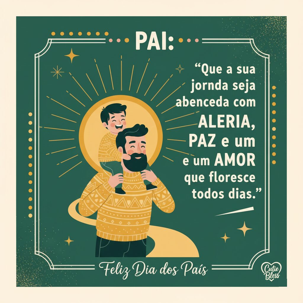 Ilustração em tons de verde de um pai com o filho nos ombros, cercados por um brilho solar e a mensagem: