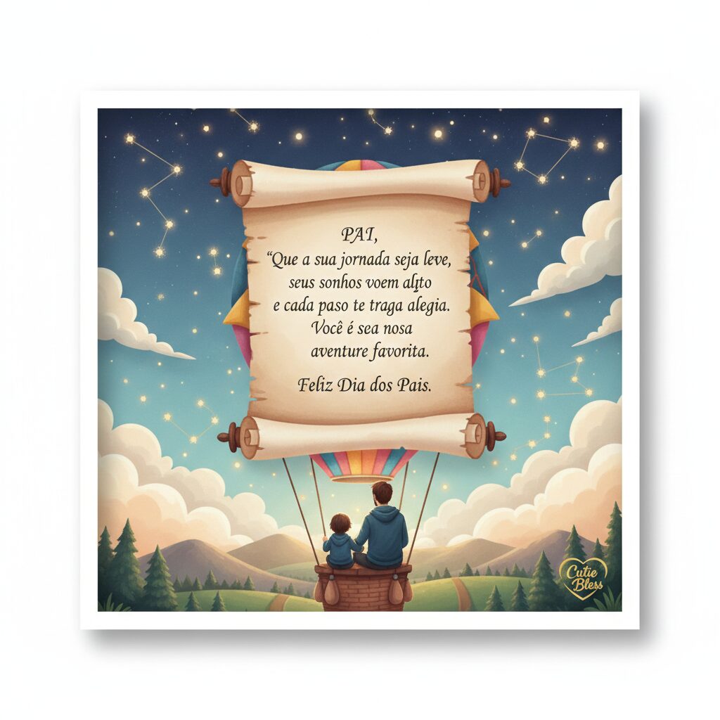 Ilustração artística de um pai e filho em um balão de ar quente sobrevoando montanhas sob um céu estrelado.