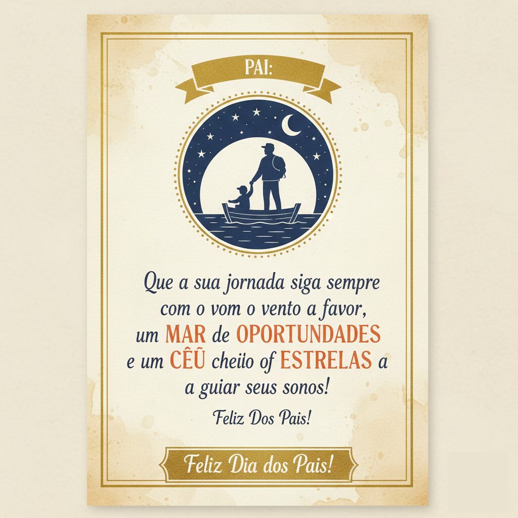 Ilustração náutica em tons de azul e dourado mostrando pai e filho em um barco sob o luar, com o texto: 'Pai: Que a sua jornada siga sempre com o vento a favor, um mar de oportunidades e um céu cheio de estrelas.'