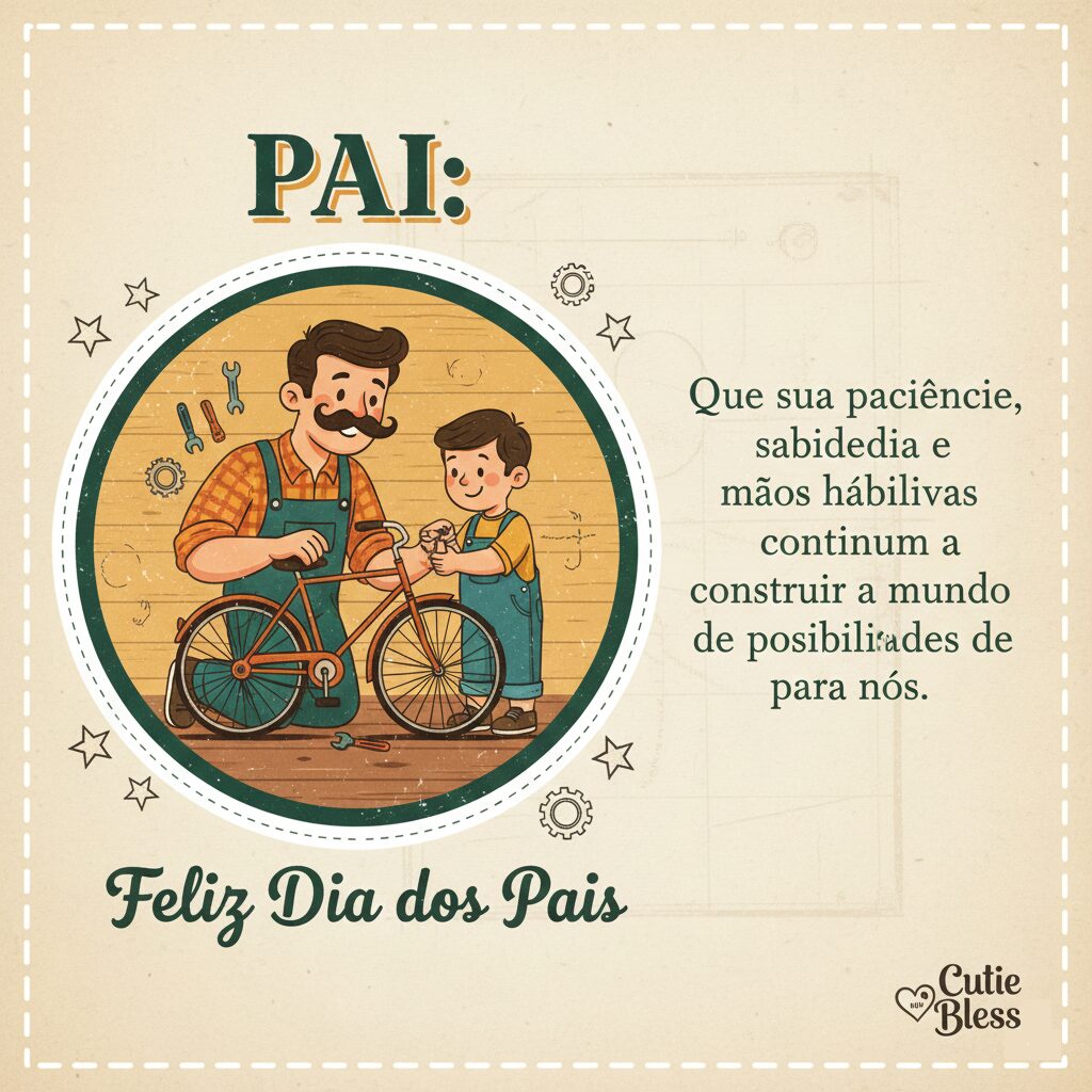 Desenho estilo retrô de um pai e filho consertando uma bicicleta juntos, com texto sobre paciência e sabedoria construindo o mundo.
