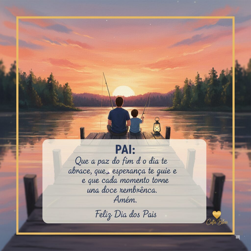 Ilustração de pai e filho pescando em um trapiche de madeira durante o pôr do sol com moldura dourada.