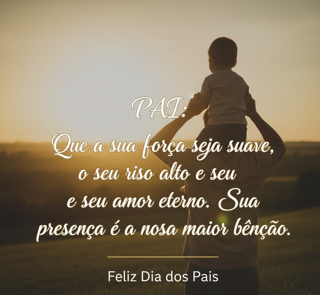 Pai segurando o filho nos ombros durante o pôr do sol com a frase: