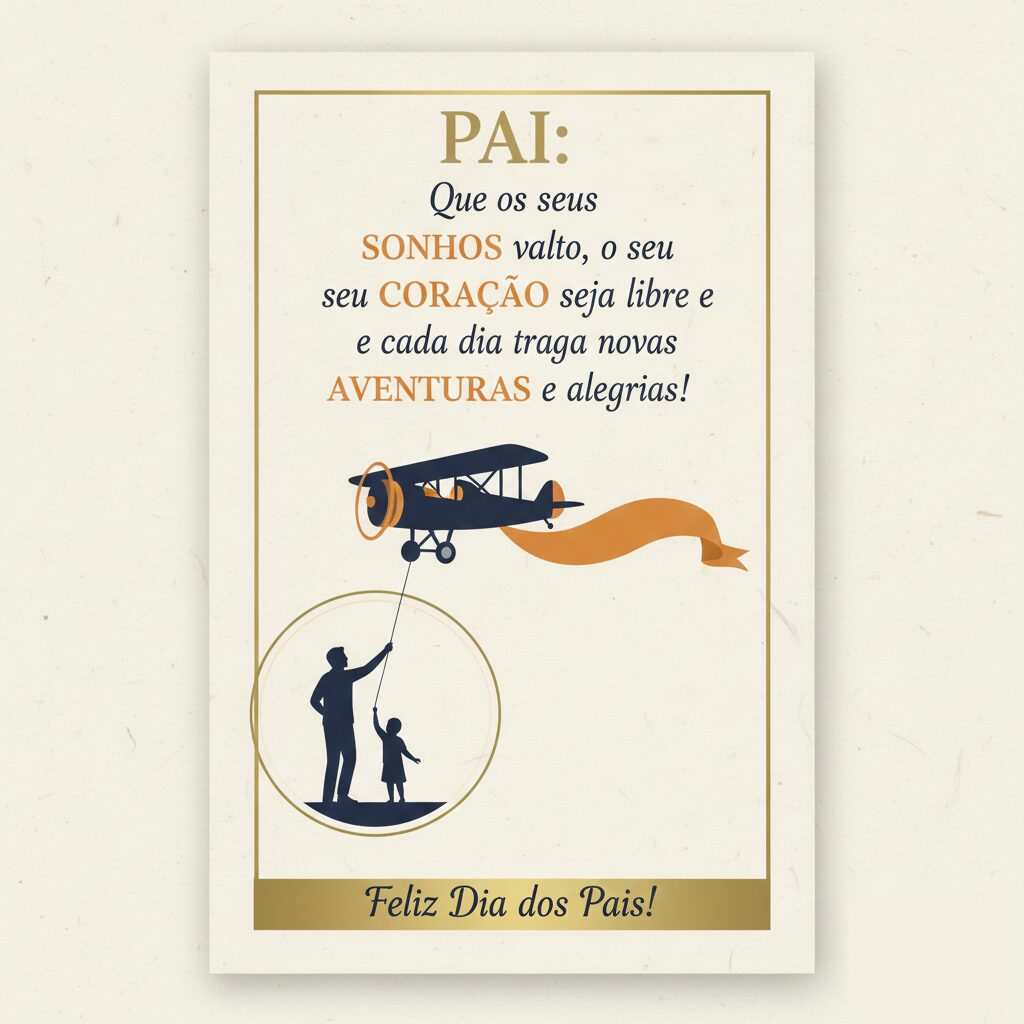 Design elegante com silhueta de um pai e filho segurando um avião antigo que voa com uma faixa laranja, acompanhado da mensagem: 'Pai: Que os seus sonhos voem alto e cada dia traga novas aventuras.'