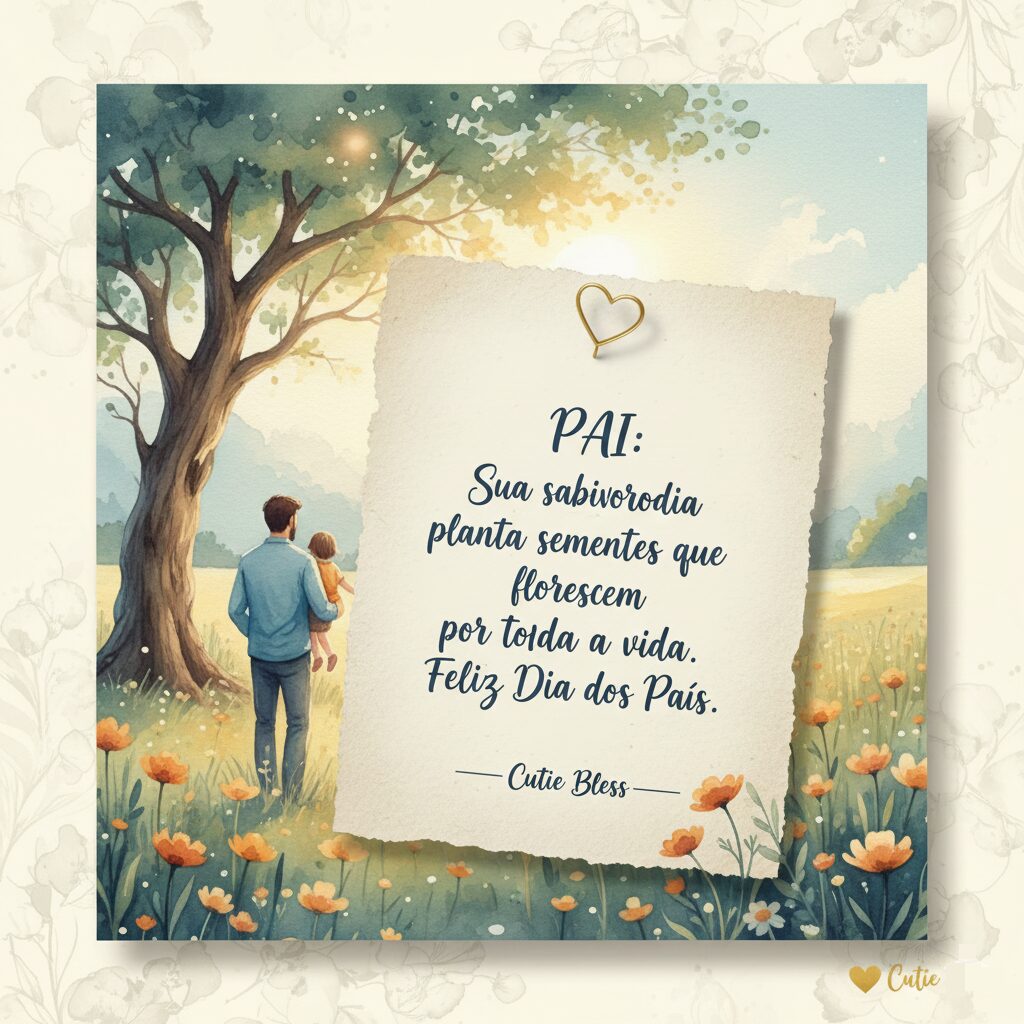 Pintura em aquarela de um pai e filho em um campo de flores com a mensagem: 'Sua sabedoria planta sementes que florescem por toda a vida.'