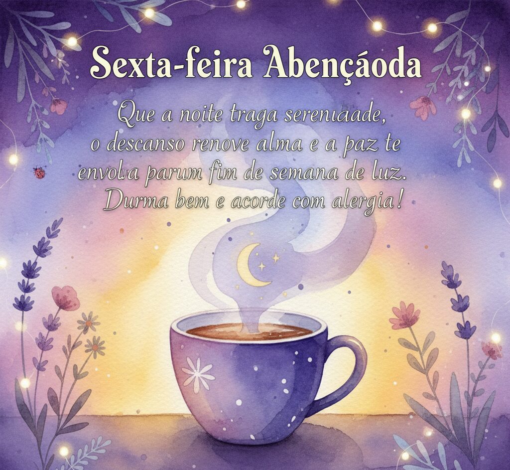 Pintura em aquarela de uma xícara de café saindo fumaça em formato de lua, com votos de um fim de semana de luz.