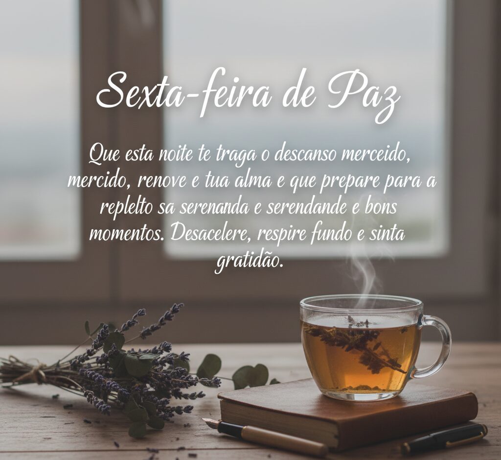 Fotografia relaxante de uma xícara de chá ao lado de um livro e lavanda, com mensagem de descanso e renovação.