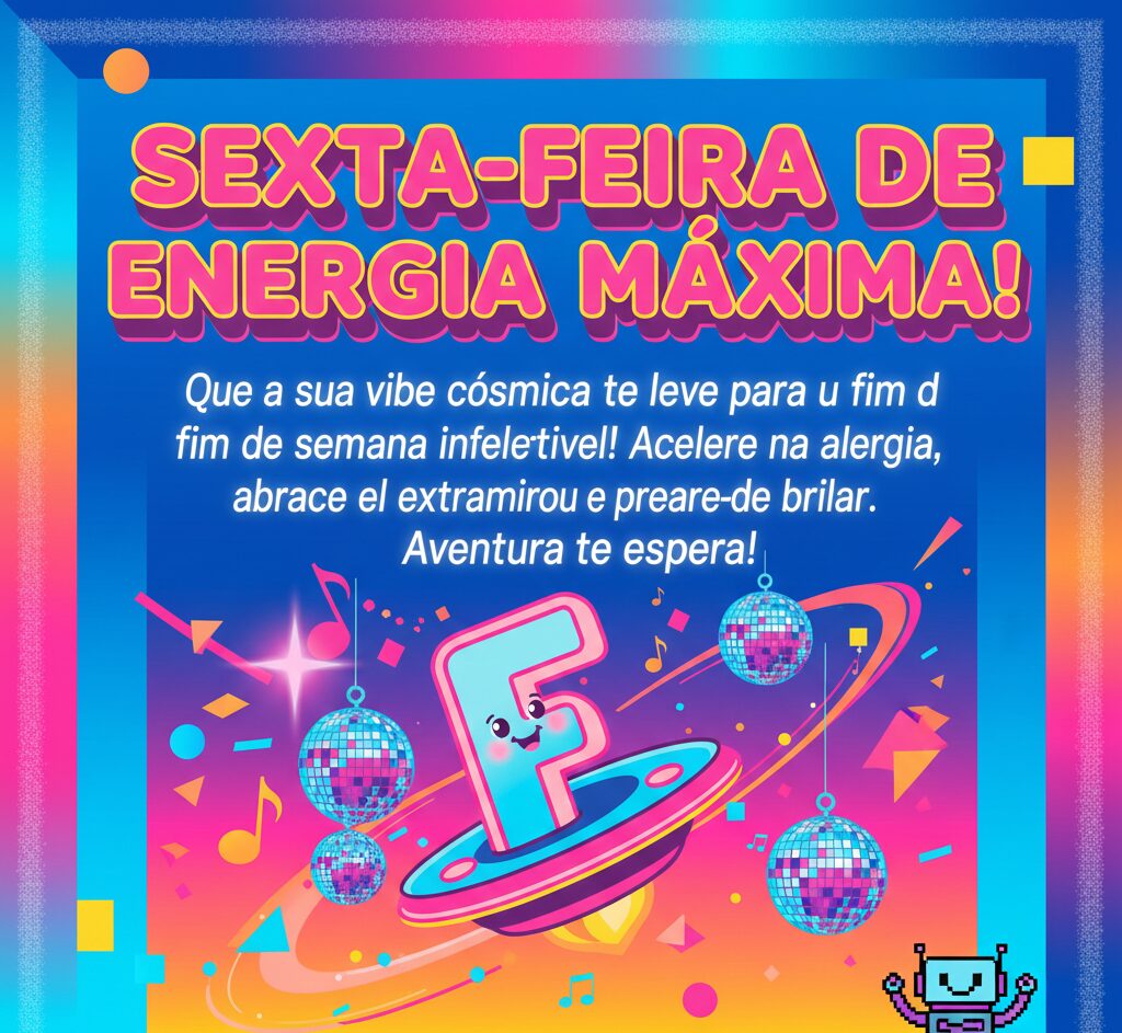 Design futurista e colorido com globos de discoteca e a frase