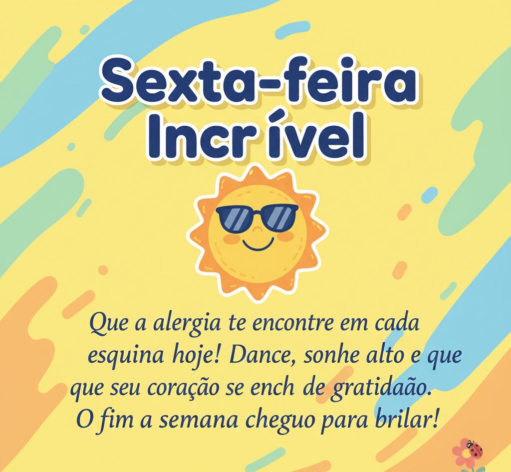 Ilustração amarela com um sol centralizado e mensagem motivacional para brilhar no fim de semana que chegou.