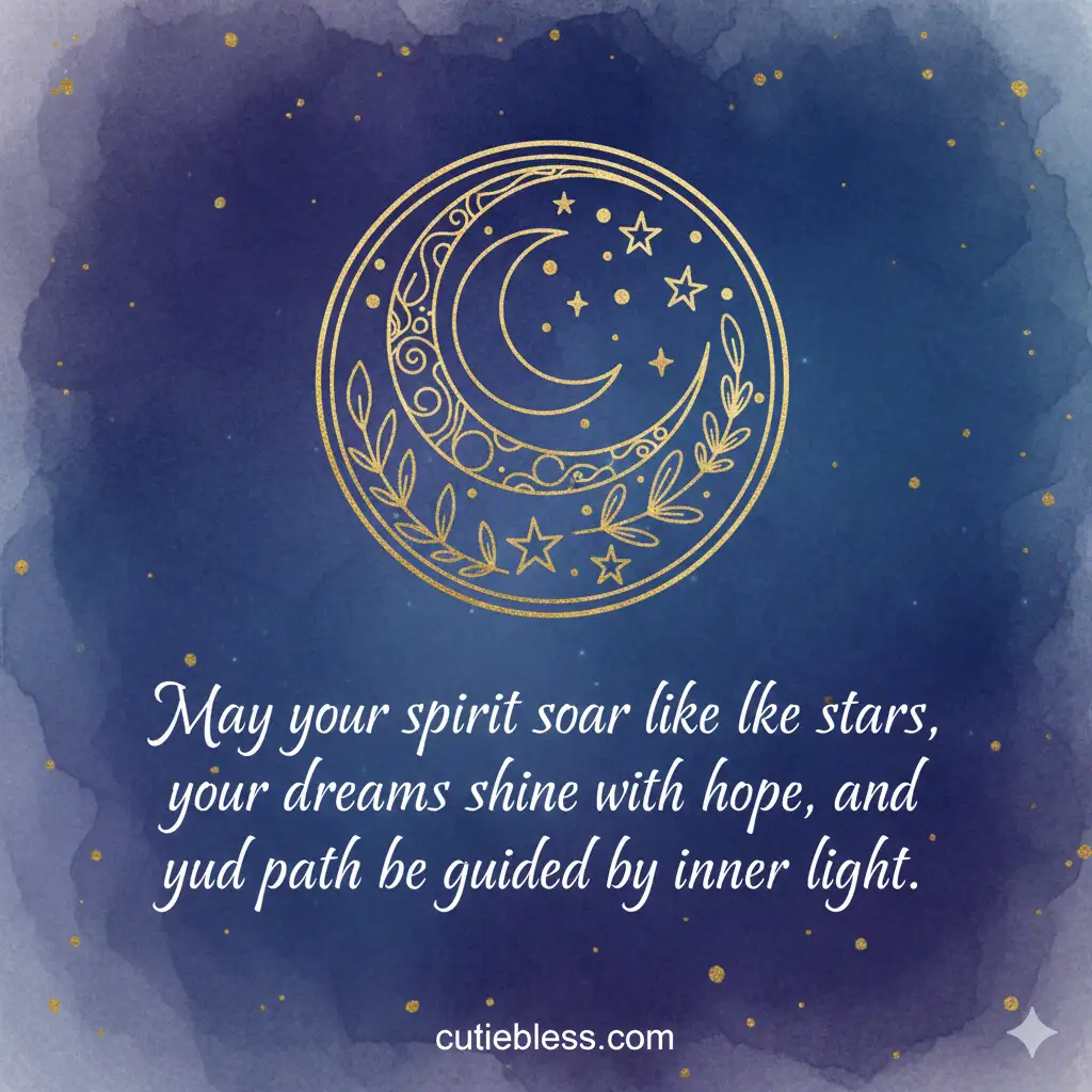 A deep blue, watercolor-style graphic with a gold moon and stars icon, featuring an ethereal inspirational quote: