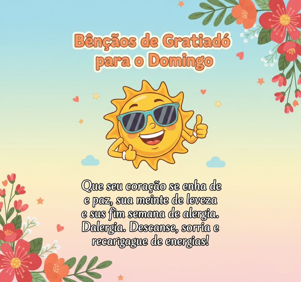 Card com fundo em degradê e flores nos cantos, apresentando um sol alegre e o título "Bênçãos de Gratidão para o Domingo".