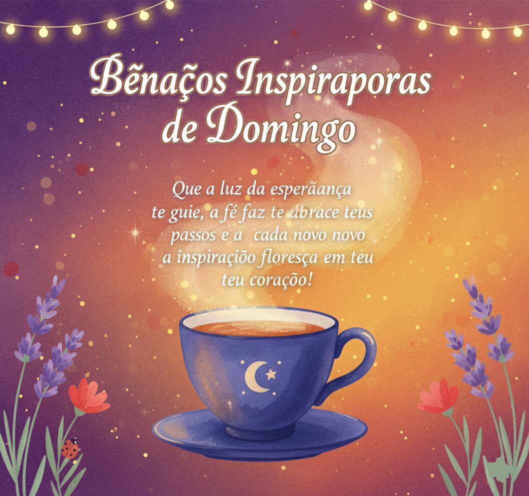 Arte em aquarela de uma xícara de café fumegante sob um céu estrelado, com a frase "Bênçãos Inspiradoras de Domingo" e votos de esperança e fé.