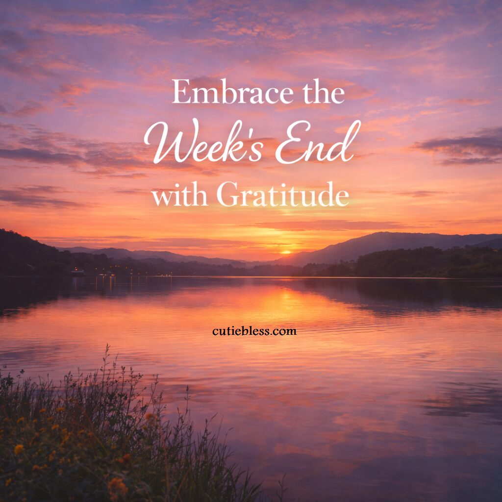 A calm Friday morning lake reflecting green hills and a clear sky, with wild grasses and yellow flowers in the foreground.