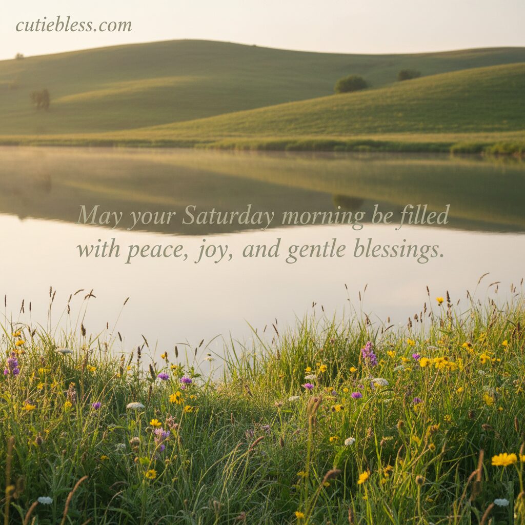 Rolling green hills reflected in a perfectly still lake with wildflowers in the foreground.