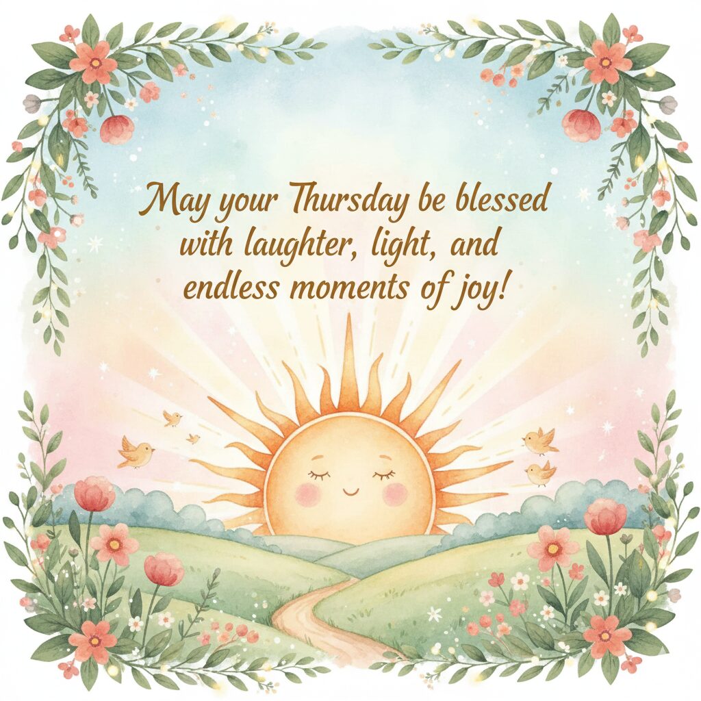 Watercolor illustration of a smiling sun rising over green hills with a Thursday joy quote.