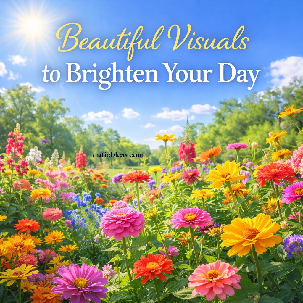 A bright and joyful Friday morning garden filled with vibrant pink, yellow, and red flowers under a clear blue sky.