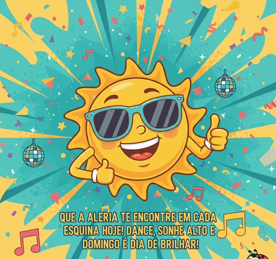 Imagem vibrante com temática de discoteca e um sol animado, com a frase "Domingo é dia de brilhar!" e desejos de alegria.