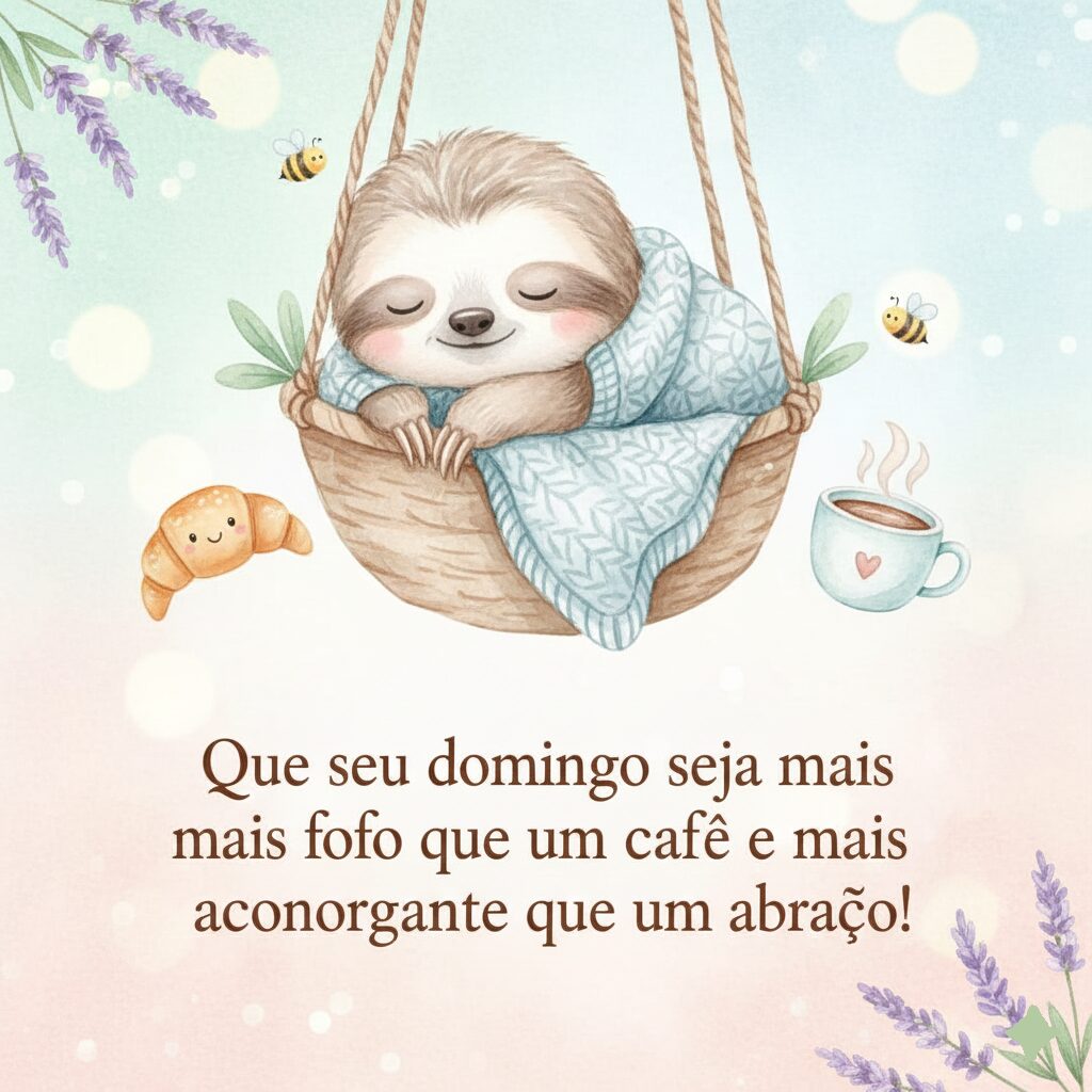 Ilustração infantil de um bicho-preguiça dormindo em uma rede, cercado por um café e croissant, com a frase "Que seu domingo seja mais fofo que um café".