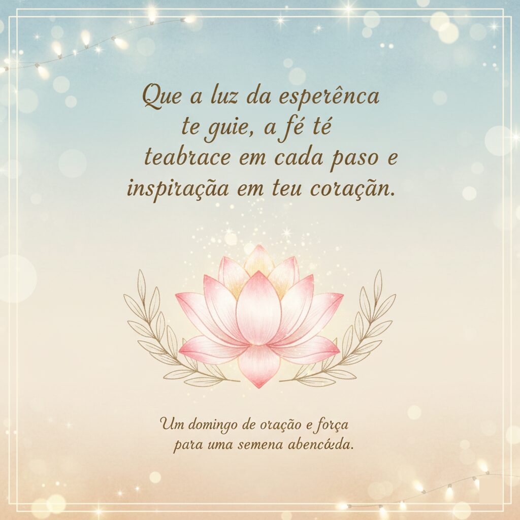 Design sereno com uma flor de lótus centralizada e luzes suaves, contendo uma oração de domingo para uma semana abençoada.