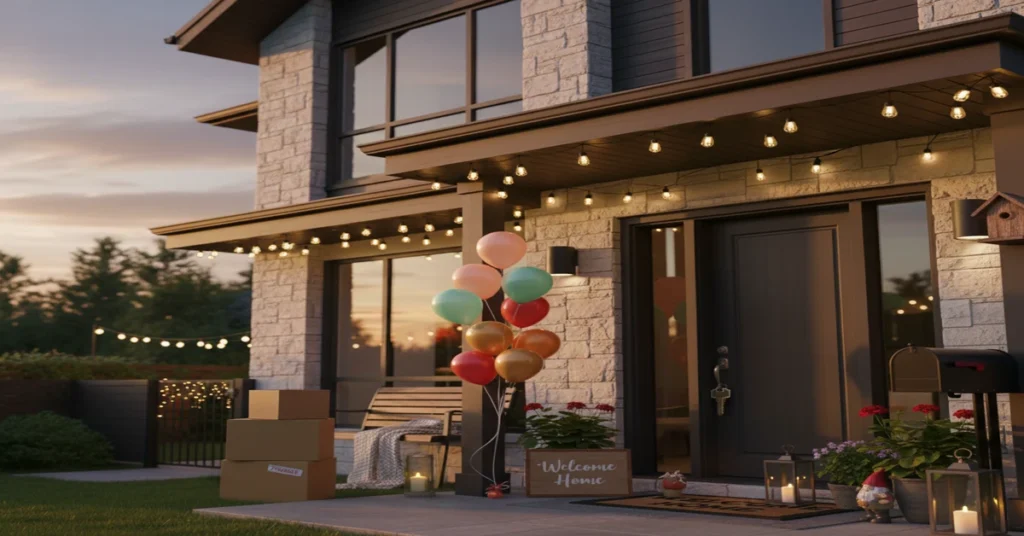 A modern two-story house decorated with string lights, balloons, and moving boxes to celebrate a new home.