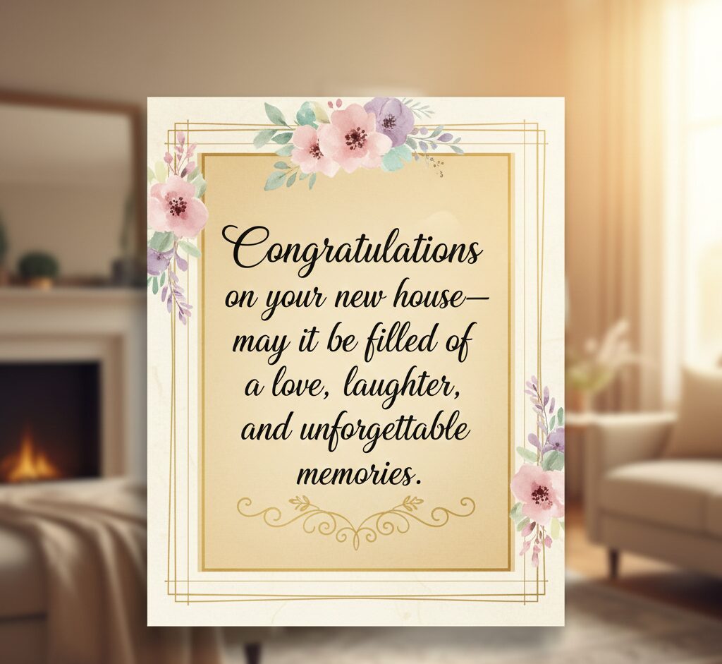 Elegant floral greeting card with a message wishing for love and laughter in a new house.