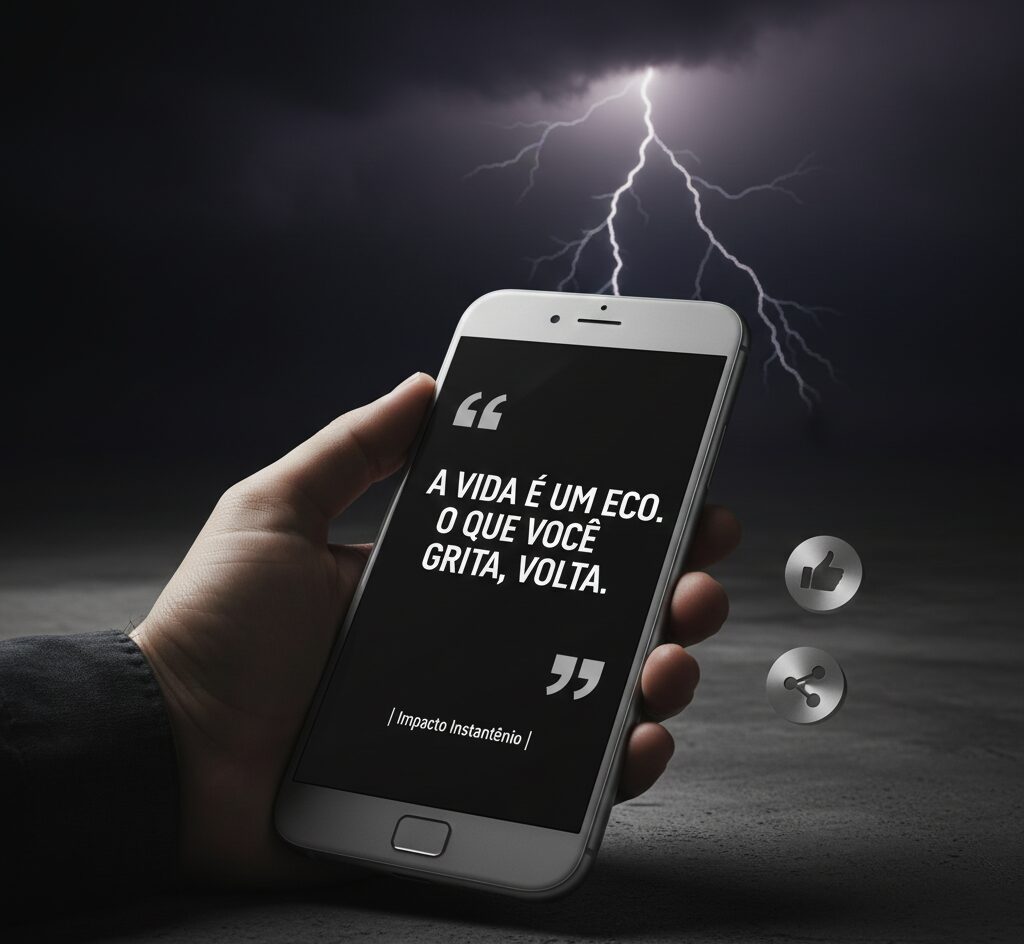 Uma mão segurando um celular com a frase 