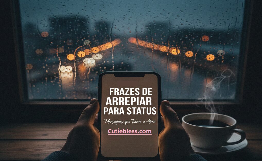 Imagem de destaque com o título "35 Frases de Arrepiar para Status: Mensagens que Tocam a Alma" exibido em um celular em frente a uma janela chuvosa à noite.