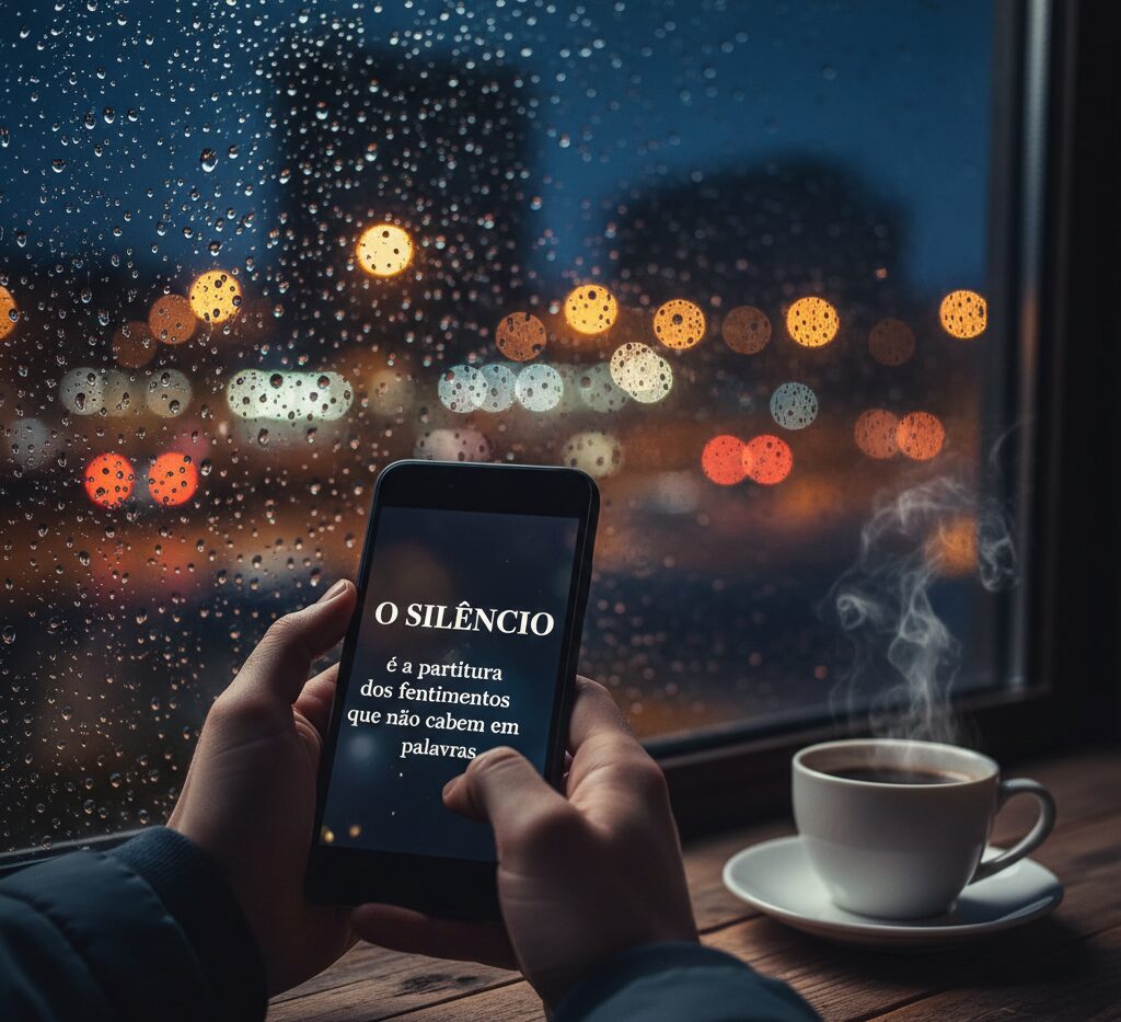 Uma pessoa segurando um celular com a frase 